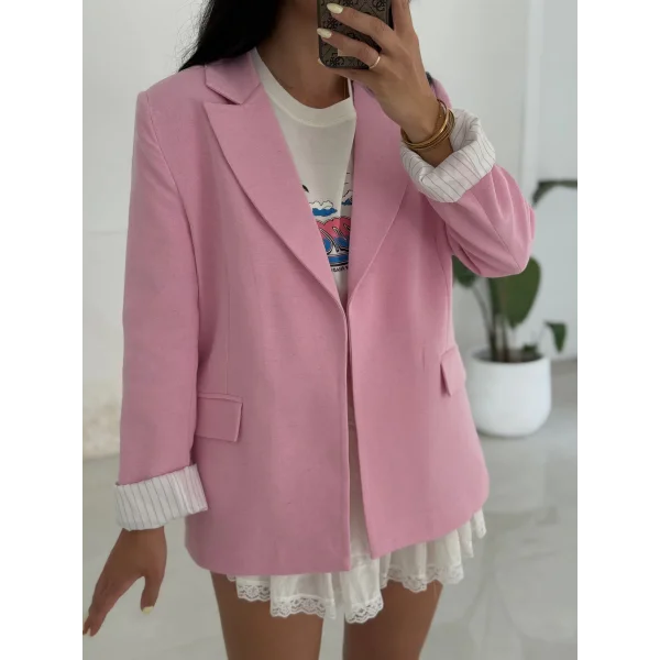 Çizgi Astarlı Keten Ceket-Pembe