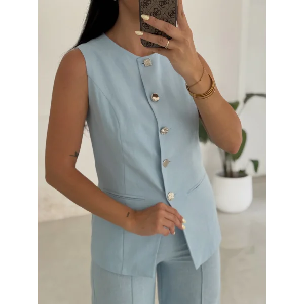 Karma Düğme Keten Yelek Pantolon Takım-Mavi