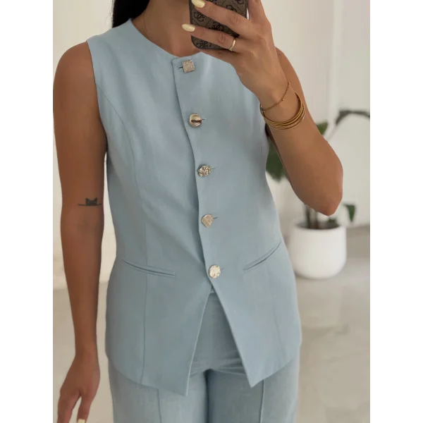 Karma Düğme Keten Yelek Pantolon Takım-Mavi