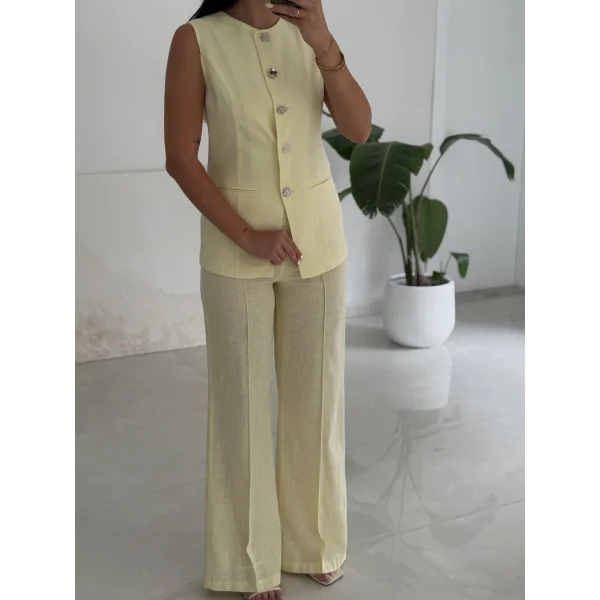 Karma Düğme Keten Yelek Pantolon Takım-Sarı