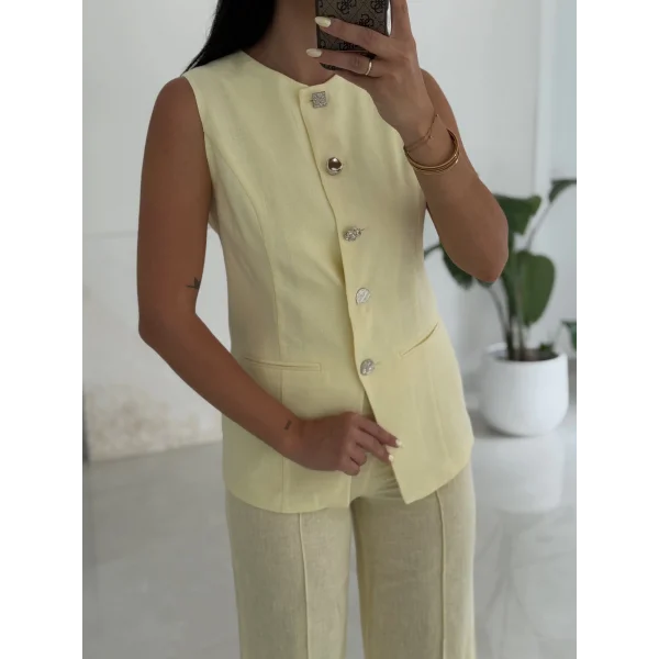 Karma Düğme Keten Yelek Pantolon Takım-Sarı
