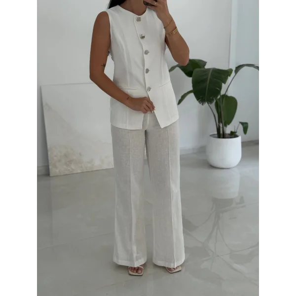 Karma Düğme Keten Yelek Pantolon Takım-Beyaz