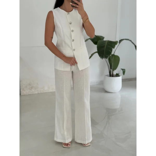 Karma Düğme Keten Yelek Pantolon Takım-Beyaz