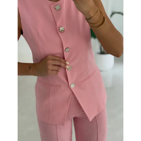 Karma Düğme Keten Yelek Pantolon Takım-Pembe