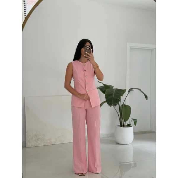 Karma Düğme Keten Yelek Pantolon Takım-Pembe