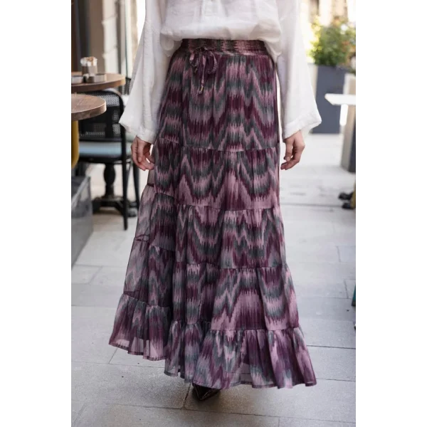 Etnik Desenli Empirme Uzun Etek-Pudra Bordo