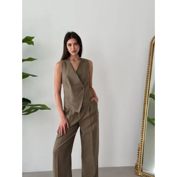 Bağcıklı Sırtı Açık Keten Yelek Pantolon Takım-Vizon