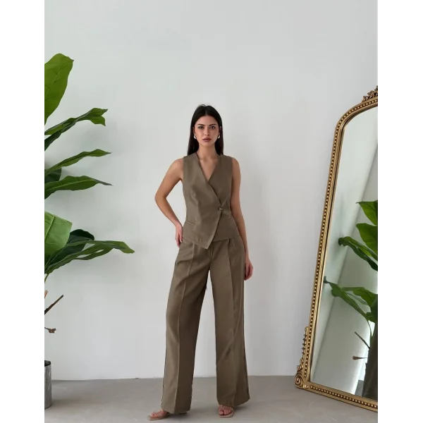 Bağcıklı Sırtı Açık Keten Yelek Pantolon Takım-Vizon