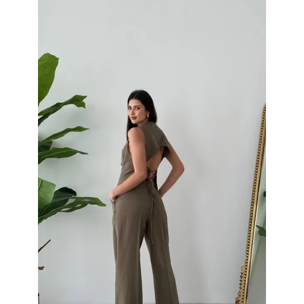 Bağcıklı Sırtı Açık Keten Yelek Pantolon Takım-Vizon