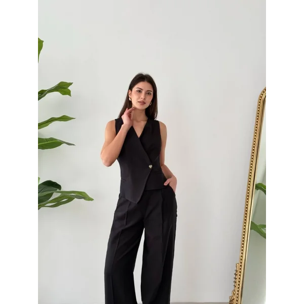 Bağcıklı Sırtı Açık Keten Yelek Pantolon Takım-Siyah