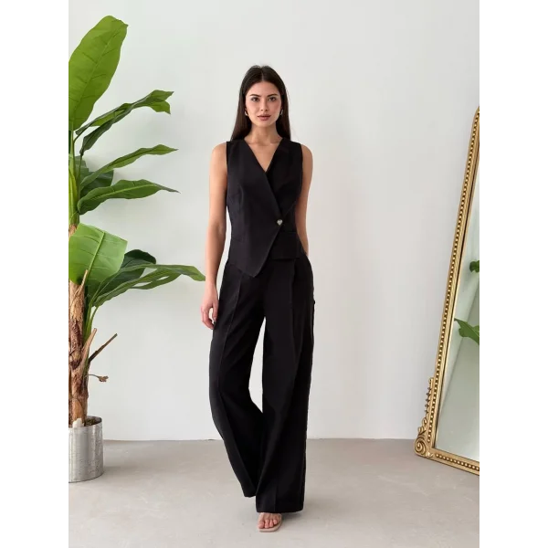 Bağcıklı Sırtı Açık Keten Yelek Pantolon Takım-Siyah