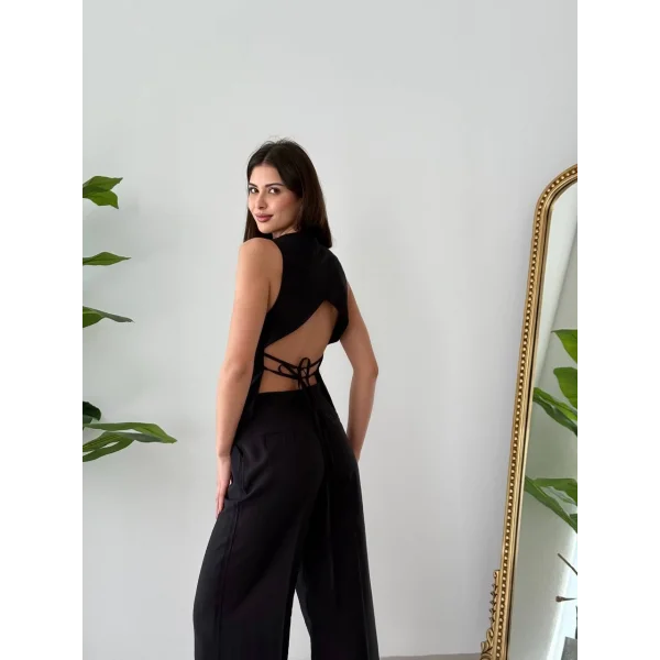 Bağcıklı Sırtı Açık Keten Yelek Pantolon Takım-Siyah