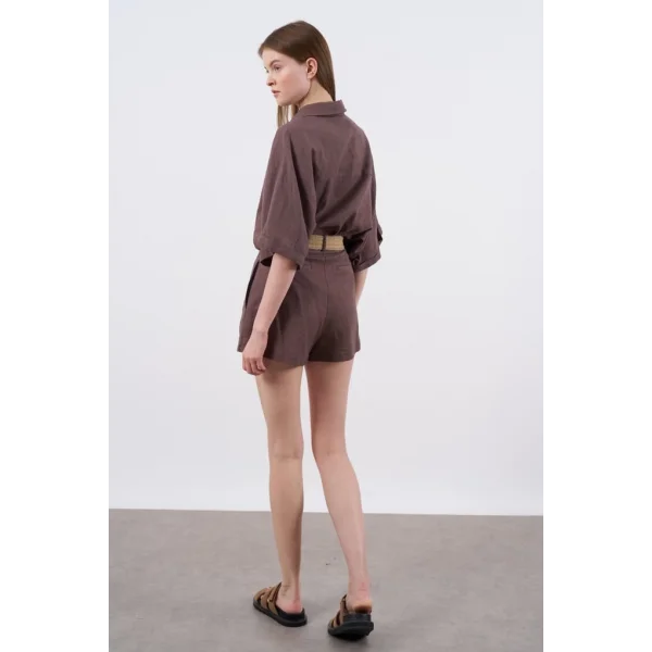 Premium Seri Keten Şort Gömlek Takım-Kahve