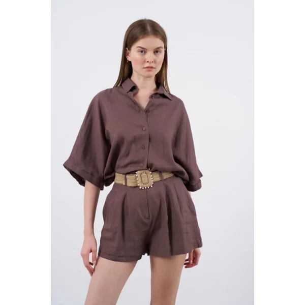 Premium Seri Keten Şort Gömlek Takım-Kahve