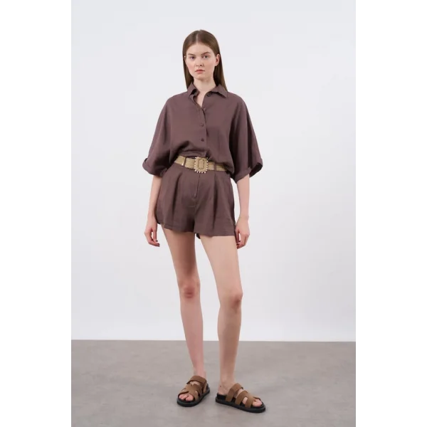 Premium Seri Keten Şort Gömlek Takım-Kahve