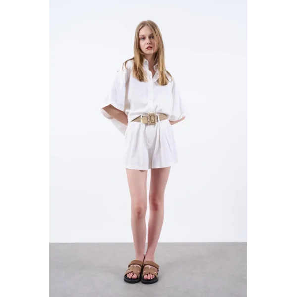 Premium Seri Keten Şort Gömlek Takım-Beyaz