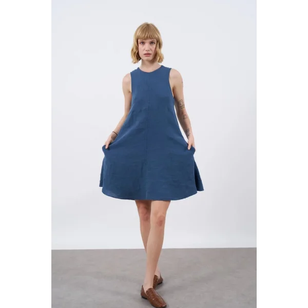 Premium Seri Sıfır Kol Keten Elbise-Mavi