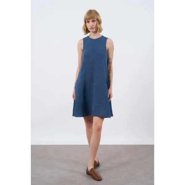 Premium Seri Sıfır Kol Keten Elbise-Mavi