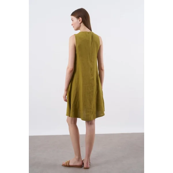 Premium Seri Sıfır Kol Keten Elbise-Yağ yeşili