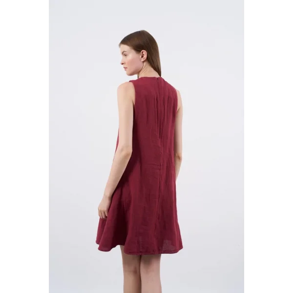 Premium Seri Sıfır Kol Keten Elbise-Bordo