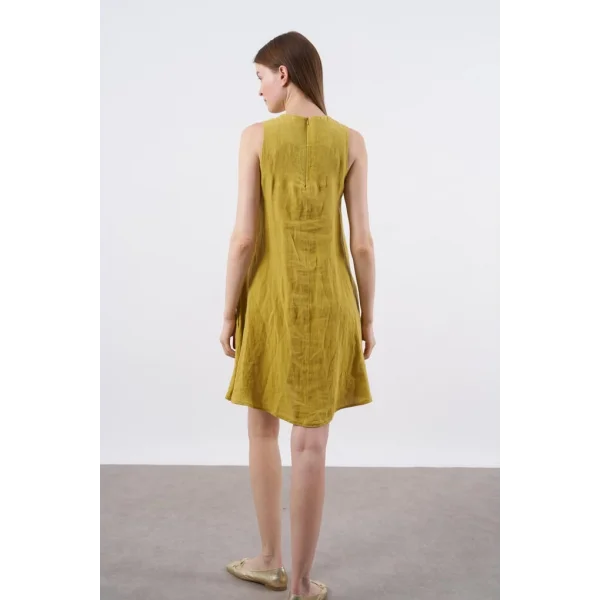 Premium Seri Sıfır Kol Keten Elbise-Hardal