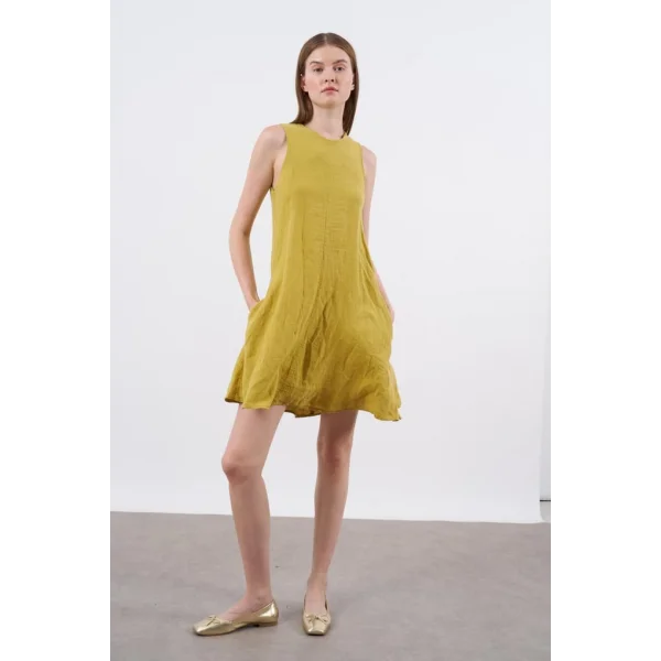 Premium Seri Sıfır Kol Keten Elbise-Hardal