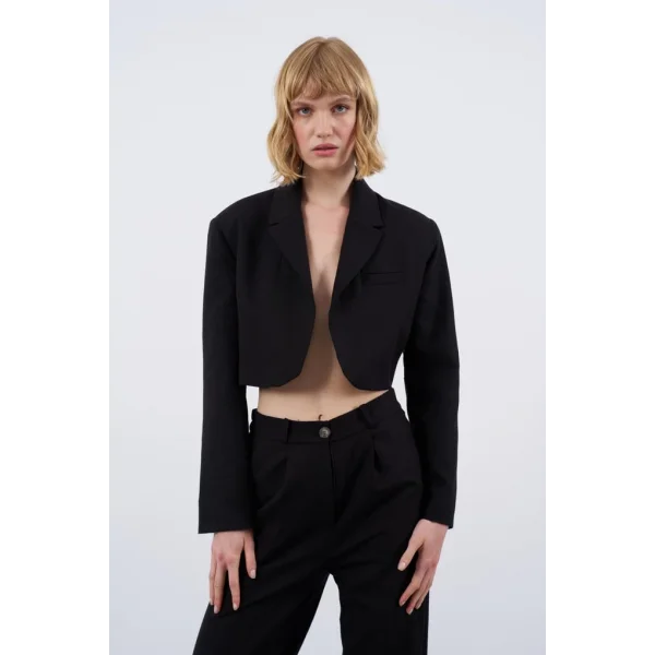 Premium Seri Siyah Keten Crop Ceket Pantolon Takım