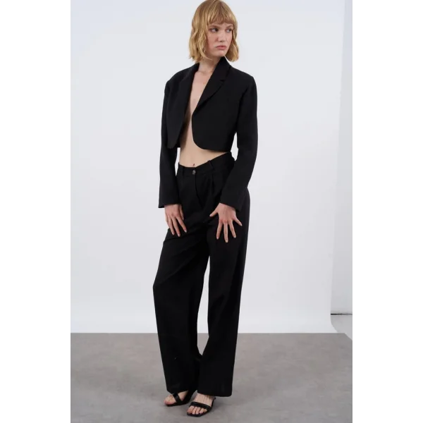 Premium Seri Siyah Keten Crop Ceket Pantolon Takım