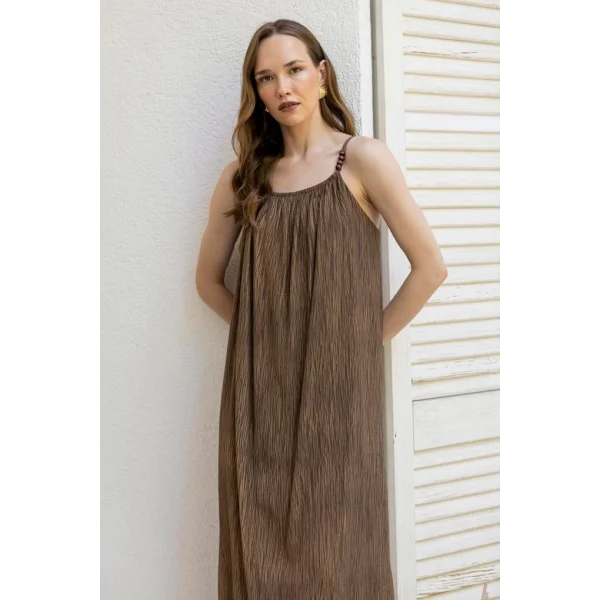 Boncuk Askılı Uzun Elbise-Kahve