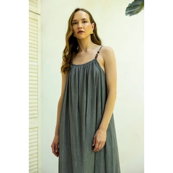 Boncuk Askılı Uzun Elbise-Antrasit