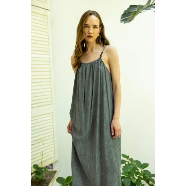 Boncuk Askılı Uzun Elbise-Antrasit