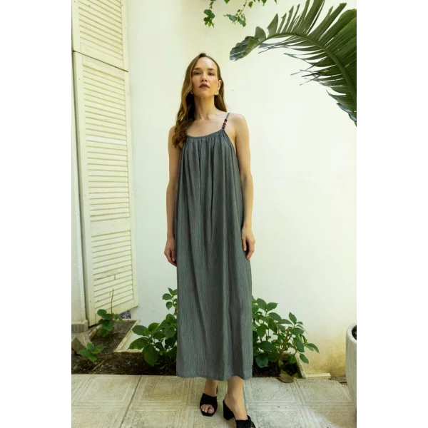 Boncuk Askılı Uzun Elbise-Antrasit