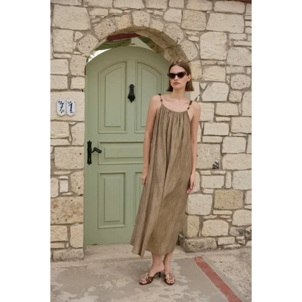 Boncuk Askılı Uzun Elbise-Taş