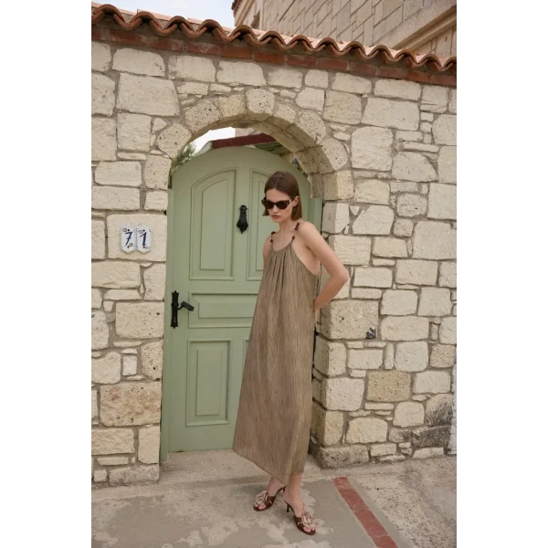 Boncuk Askılı Uzun Elbise-Taş