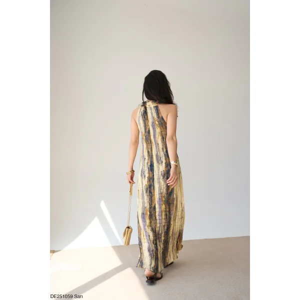 Sienna Batik Desenli Pliseli Maxi Elbise