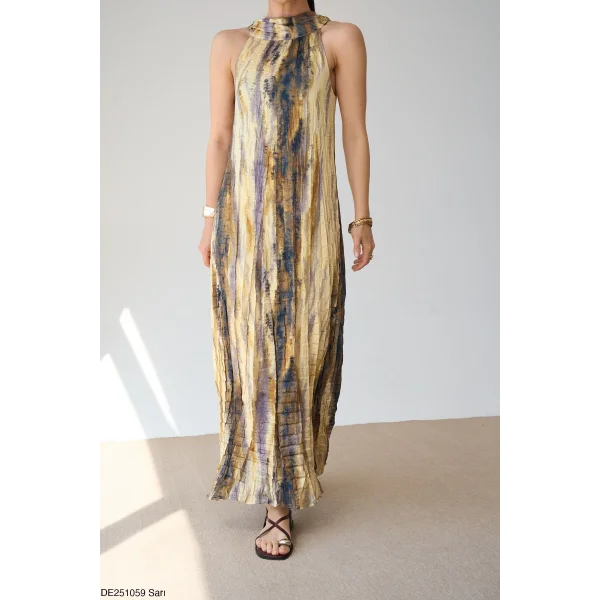 Sienna Batik Desenli Pliseli Maxi Elbise