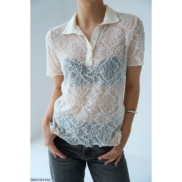 Patlı Dantel Detay Ekru Bluz