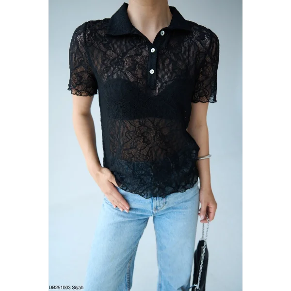 Patlı Dantel Detay Siyah Bluz