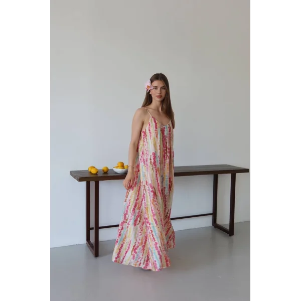 Limonata Puantiyeli Desenli Askılı Uzun Elbise