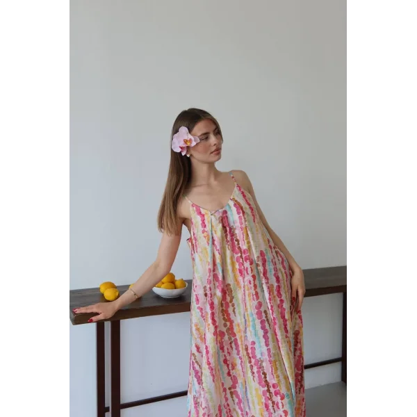 Limonata Puantiyeli Desenli Askılı Uzun Elbise