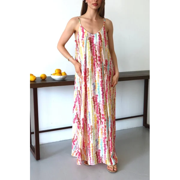 Limonata Puantiyeli Desenli Askılı Uzun Elbise