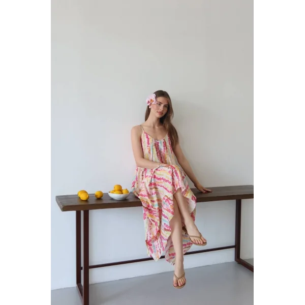 Limonata Puantiyeli Desenli Askılı Uzun Elbise