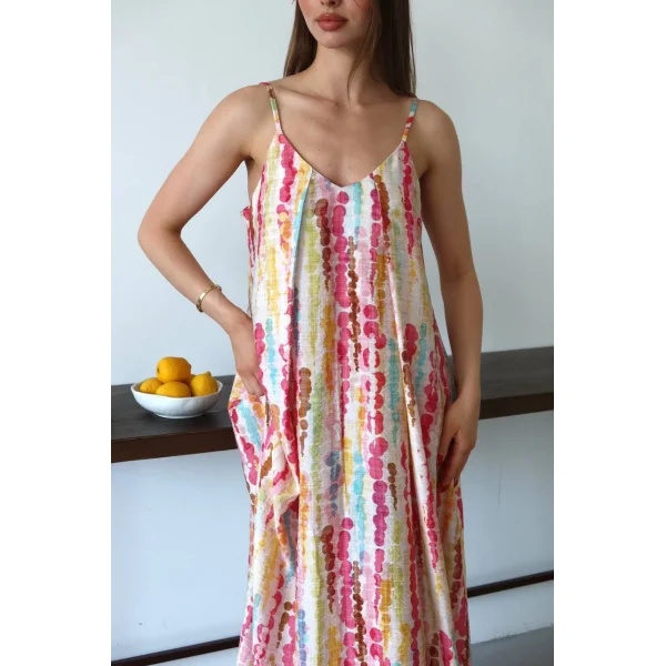 Limonata Puantiyeli Desenli Askılı Uzun Elbise