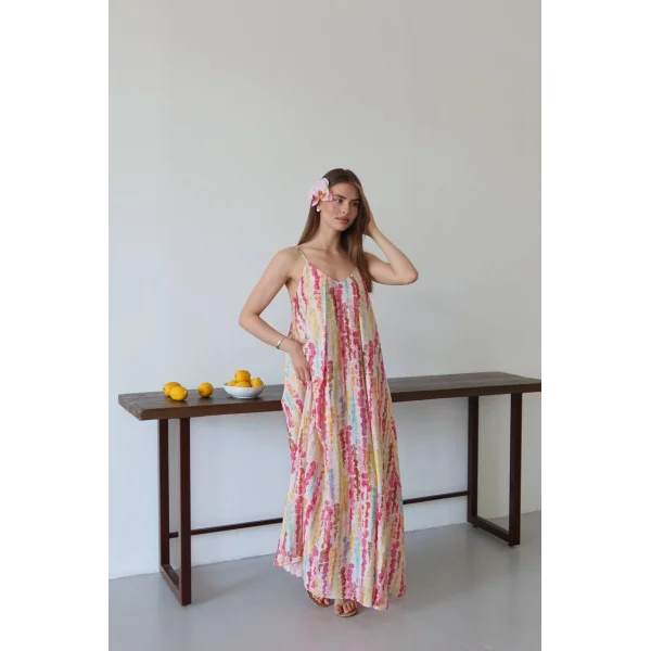 Limonata Puantiyeli Desenli Askılı Uzun Elbise