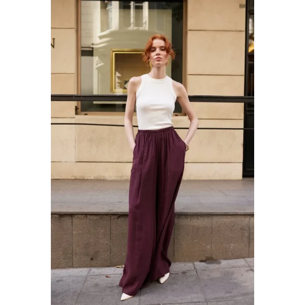 Modal Kumaş Bol Kesim Pantolon-Mürdüm