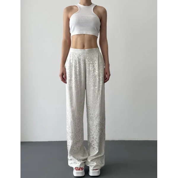 Leopar Desenli Saten Pantolon-Ekru