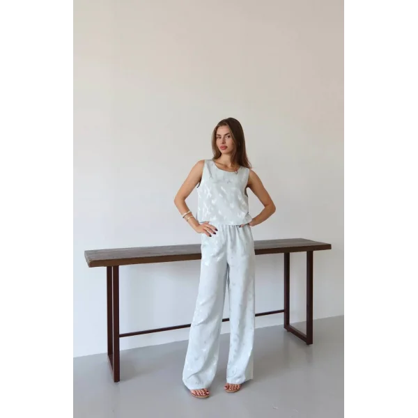 Desenli Jakar Saten Bluz Pantolon Takım-Mavi