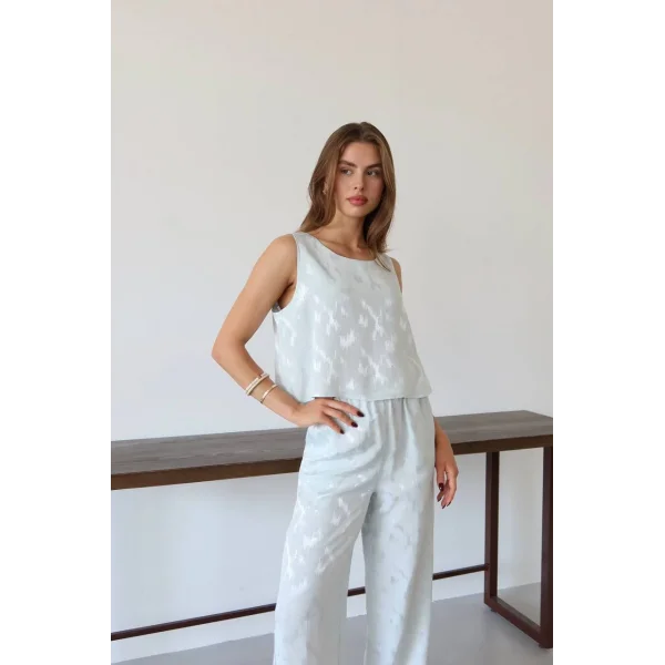 Desenli Jakar Saten Bluz Pantolon Takım-Mavi