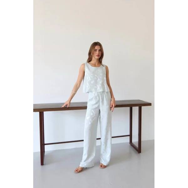 Desenli Jakar Saten Bluz Pantolon Takım-Mavi