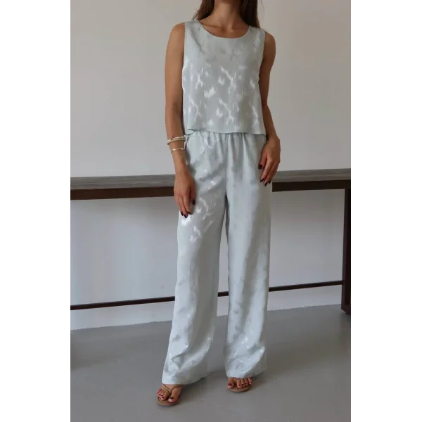 Desenli Jakar Saten Bluz Pantolon Takım-Mavi